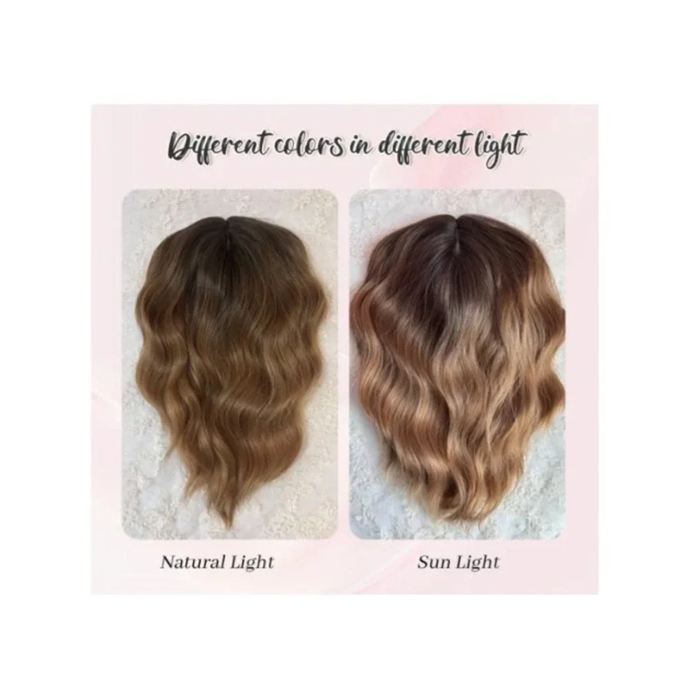 10 Inch Short Wavy Hair Topper Caramel Brown Dark Root Synthetic Wiglet 6.5x6.5